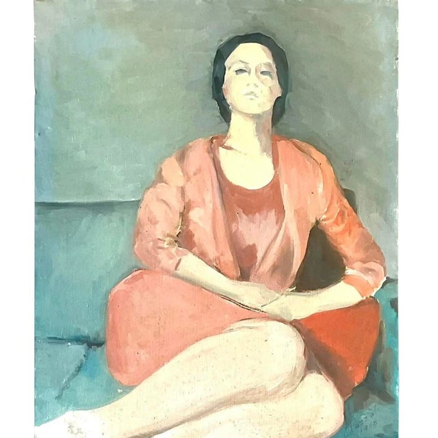 Vintage Italian Signed Modernist Woman Portrait Oil Painting For Sale - Image 4 of 13