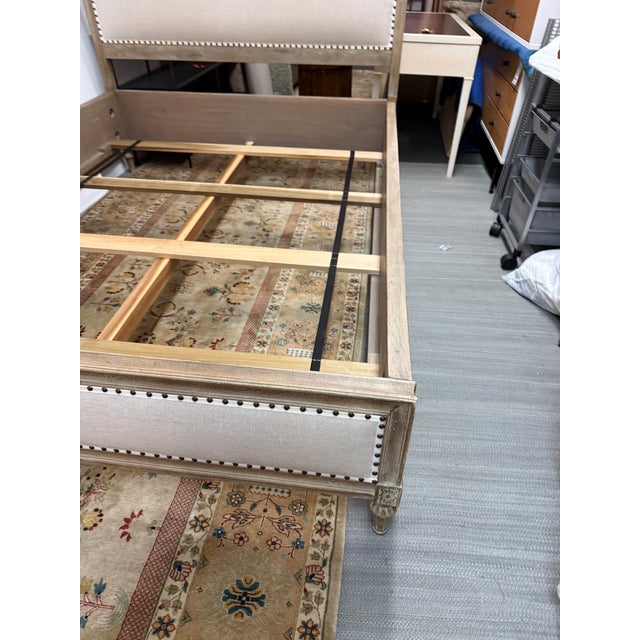 Queen Size Restoration Hardware Maison Fabric Panel Bed Frame, Antique Oak Finish For Sale - Image 11 of 12