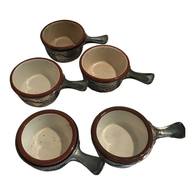 Antique Custard Cups With Holders -Set of 5 For Sale
