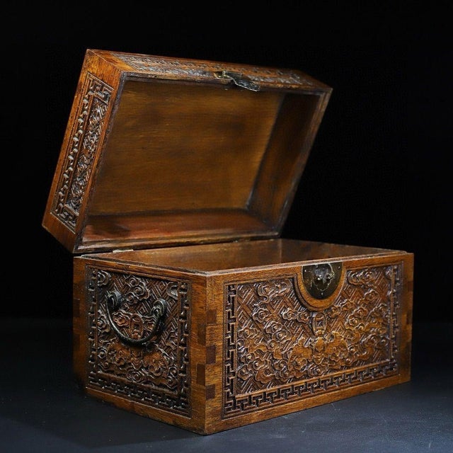 Chinese Chinese Huali Rosewood Carved Treasure Box With Brass Hardware For Sale - Image 3 of 7