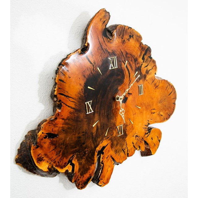 Mid Century Modern Clock Wood Burl Wall Brass Gold Danish Vintage MCM For Sale - Image 11 of 12