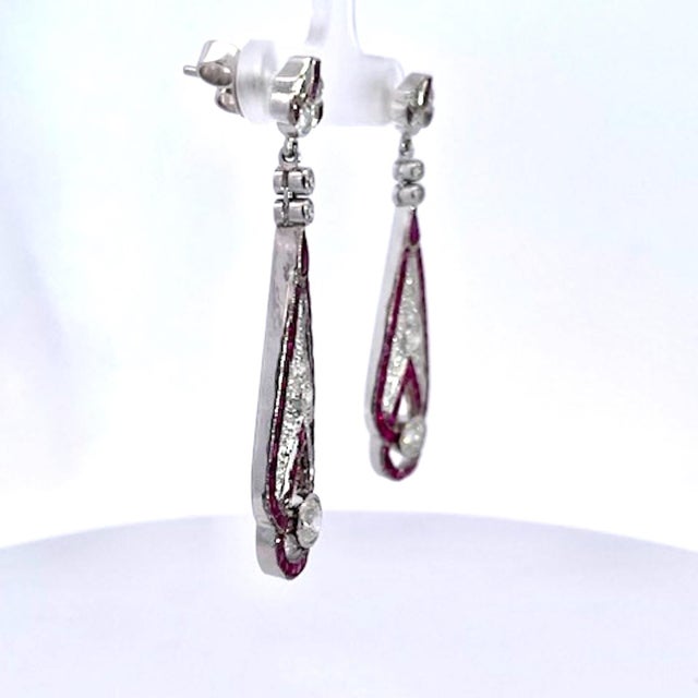 Ruby Red 1990s Pair of Art Deco 18k White Gold Ruby Diamond Drop Earrings, 2" Length For Sale - Image 8 of 12