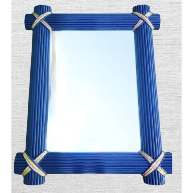 Sculpture Materials Massive Custom Painted Fluted Glossy Navy Blue Gold Leaf X Corners Nautical Wall Mirror For Sale - Image 7 of 8