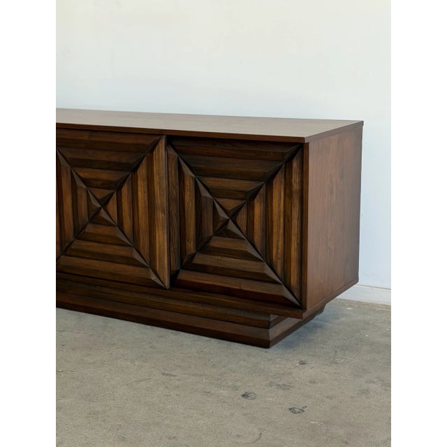 1960s Brutalist Walnut Credenza With Carved Diamond Design For Sale - Image 13 of 18