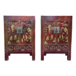 Rare Pair of 19th Century Chinese Red Lacquer Chinoiserie Cabinets For Sale