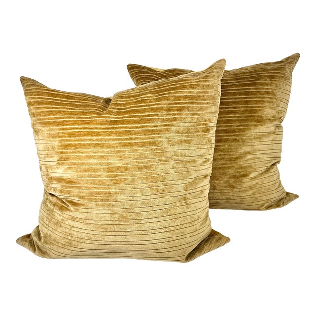 Vintage Boho Chic Contemporary Carmel Velour Striped Decorative Pillows - Set of 2. For Sale
