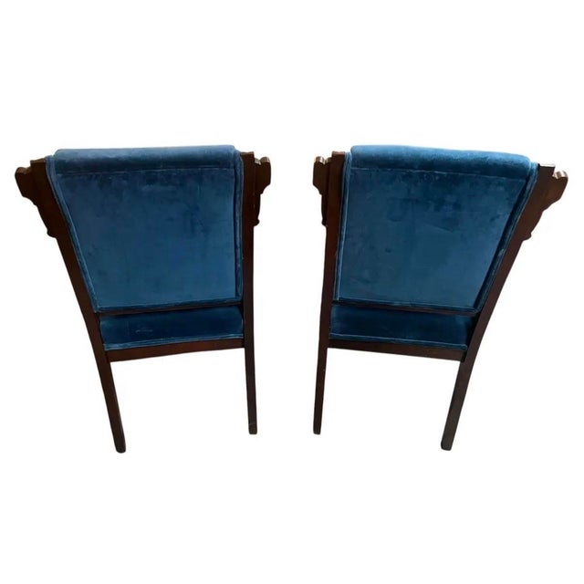 Victorian Pair of Antique Victorian Eastlake Slipper Chairs – Pair, Solid Wood & Velvet Upholstery For Sale - Image 3 of 10