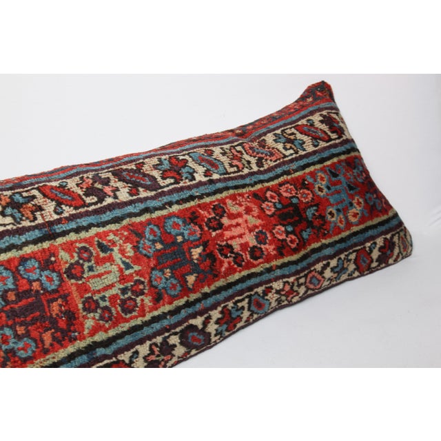 Early 20th Century Authentic Ethnic Lumbar Throw Cushion – Handmade Wool Rug on Cotton Pillow Cover -16'' X 46'' For Sale - Image 5 of 11