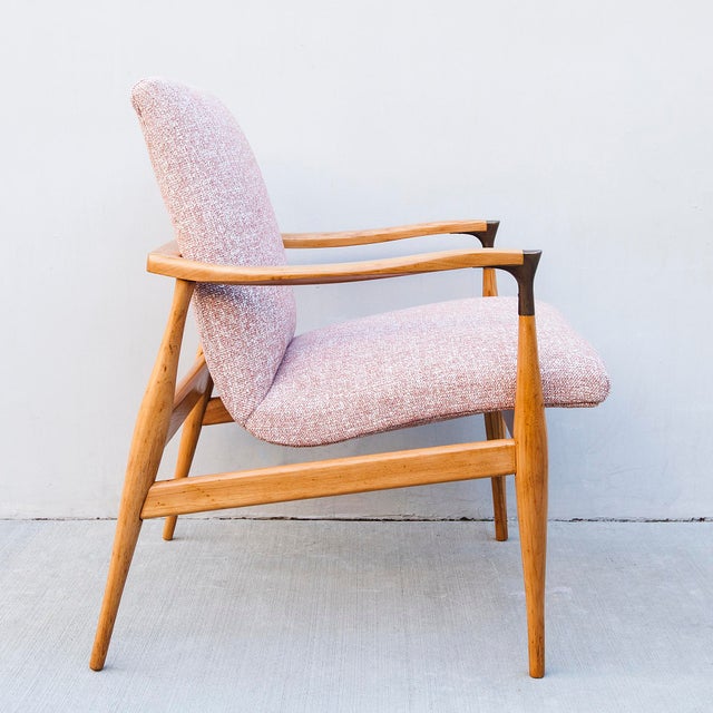 Gold Vintage Mid Century Walnut Scoop Lounge Chair With Brass Accents For Sale - Image 8 of 12