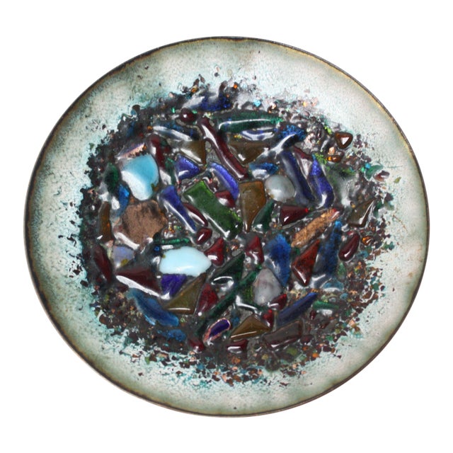 Modernist Green Enamel on Copper Dish With Glass Decoration For Sale