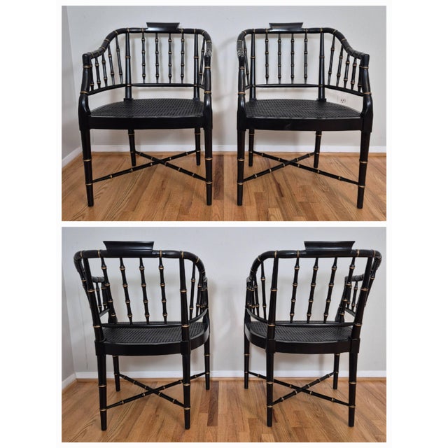 Black Late 20th Century Baker Furniture Attrib. Black & Gold Regency Faux Bamboo Cane Seat Arm Chairs, a Pair For Sale - Image 8 of 11