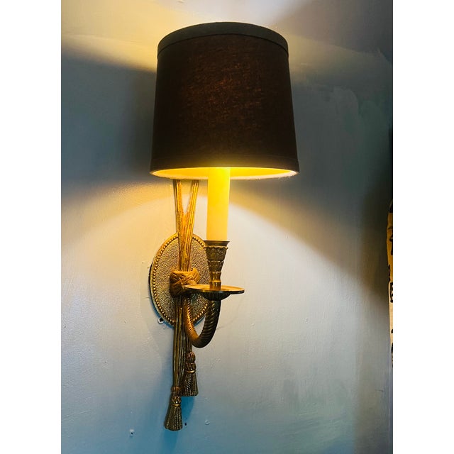 Vintage Solid Brass Electric Candle Stick Rope and Tassel Wall Sconce With Linen Shade For Sale - Image 12 of 14
