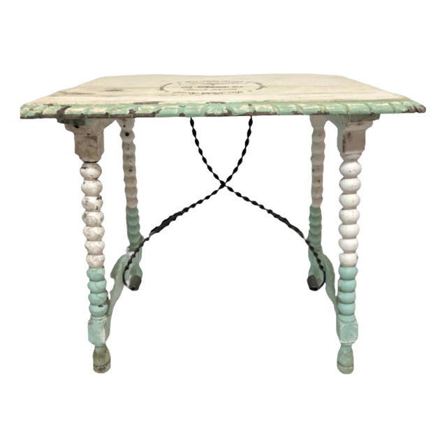 Spanish Side Table with Turned Legs and Iron Stretcher, 1890 For Sale