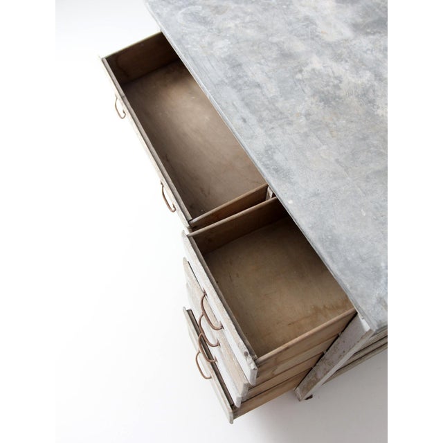 Wood Antique Farmhouse Kitchen Work Table With Galvanized Top For Sale - Image 7 of 18