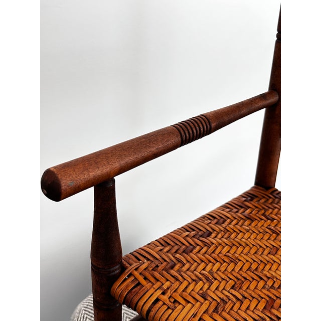 Vintage Solid Wood Child’s Rocking Chair With Woven Rush Seat Colonial Revival Style For Sale - Image 9 of 13