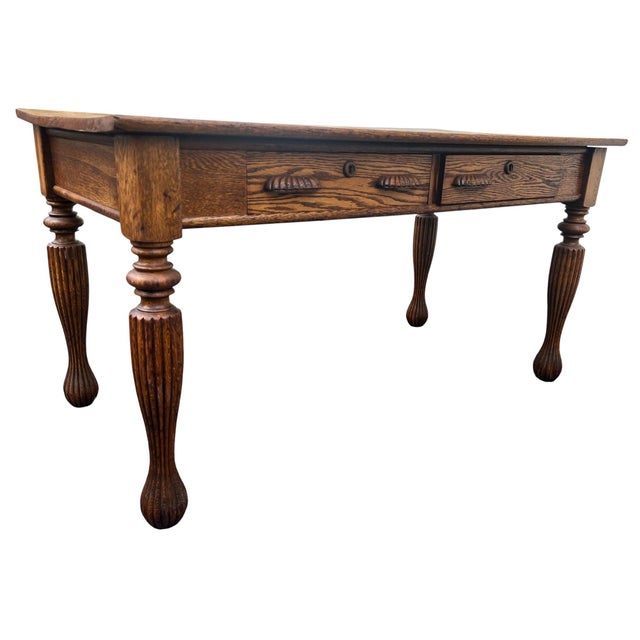 Brown Antique 1900's Large Oak Library Table 2 Drawers For Sale - Image 8 of 17