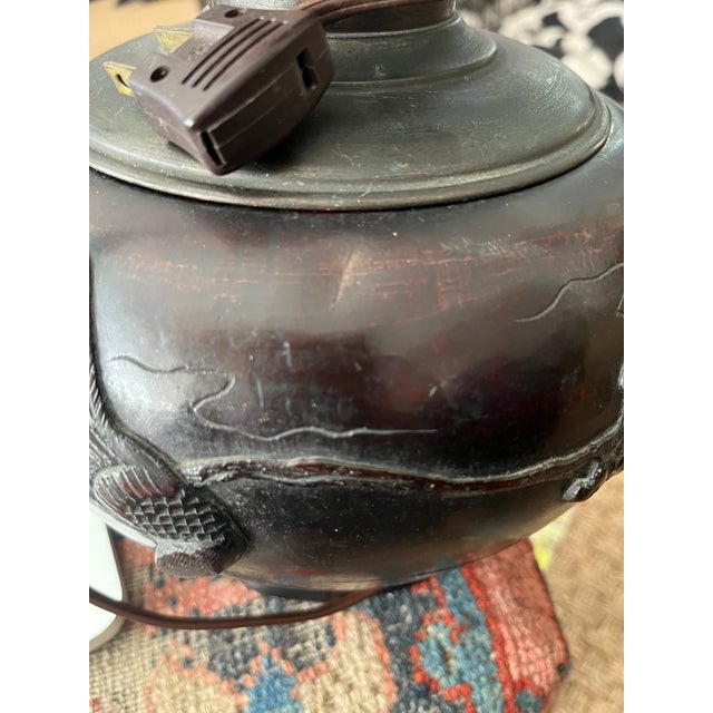Antique Meiji Patinated Bronze Oil Lamp Converted to Electric For Sale - Image 12 of 12