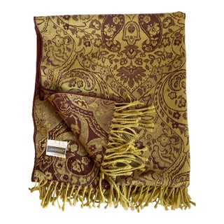 Italian Samarkanda Lanerossi Blanket Pure Virgin Wool Paisley Jacquard Olive Brown With Fringe For Sale