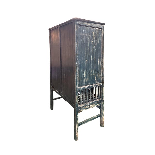 Vintage Distressed Teal Blue Oriental Carving Storage Cabinet For Sale In San Francisco - Image 6 of 12