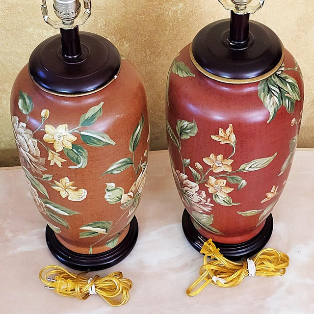 Vintage Burgundy Floral Chinoiserie Ceramic Ginger Jar Table Lamps With Shades - Pair For Sale - Image 10 of 18