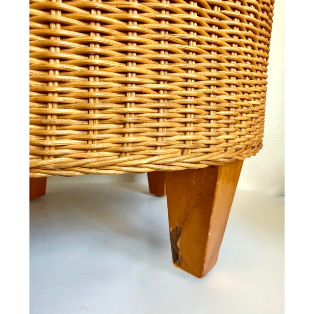1970s Boho Chic Round Wicker Ottoman Footstool With Wood Legs For Sale - Image 4 of 10