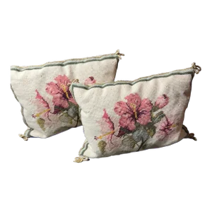 Vintage Handmade Floral Needlepoint Pillows- a Pair
