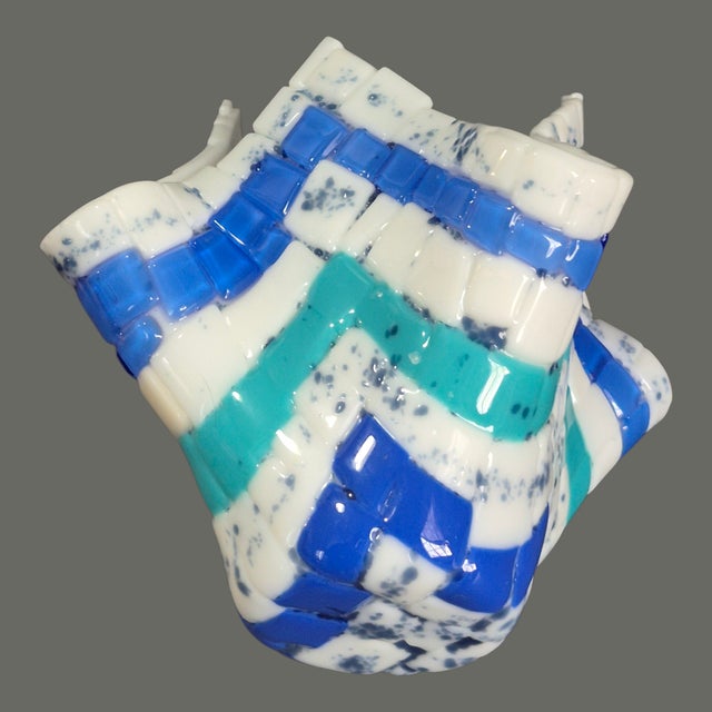Late 20th Century Vintage Art Milk Glass Blue & White Quilted Tiled Handkerchief Vase For Sale - Image 5 of 6