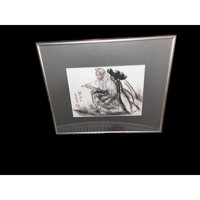 Chinese Vintage Chinese Ink Figure Painting of Elderly Man With Pipe, Signed & Sealed, Framed For Sale - Image 3 of 12