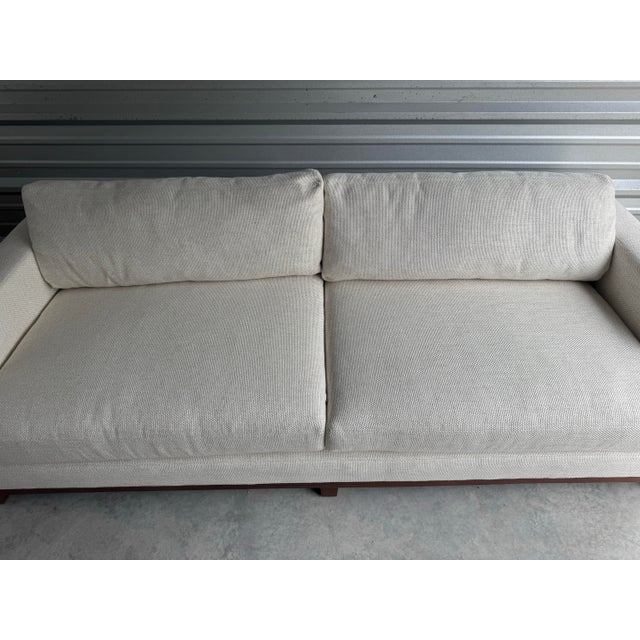 Lee Industries 8 Foot Two Cushion Sofa With Oak Base in White Woven Linen Blend Fabric For Sale In Greenville, SC - Image 6 of 11