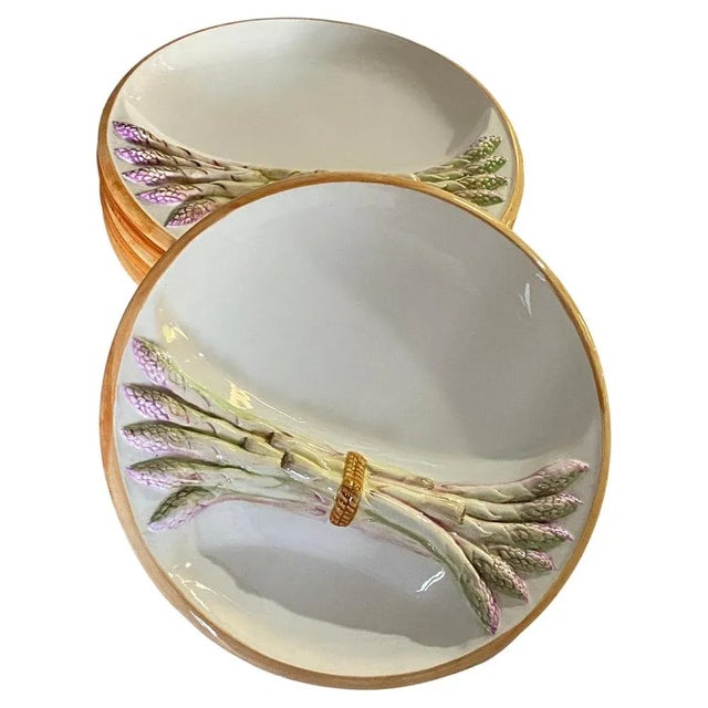 Early 20th Century Majolica Arparagus Plates in Purple & Green, Set of 6 For Sale - Image 10 of 10
