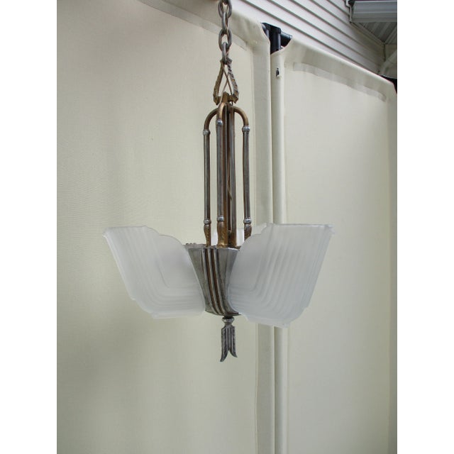 Art Deco Art Deco Circa 1930s Style Slip Glass Three Shade Chandelier Pendant Light For Sale - Image 3 of 11