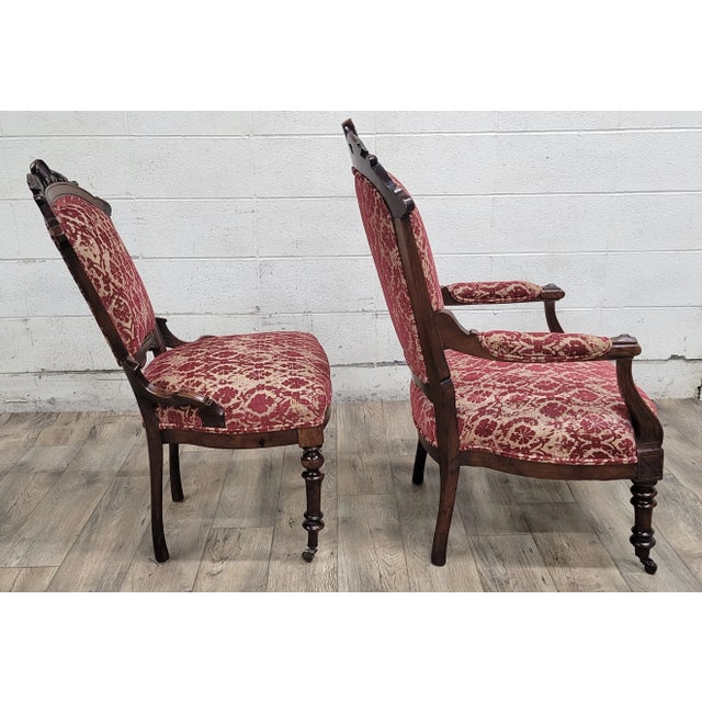 Victorian Antique Victorian Eastlake Fleur De Lis Upholstered Parlor Chairs For Sale - Image 3 of 10