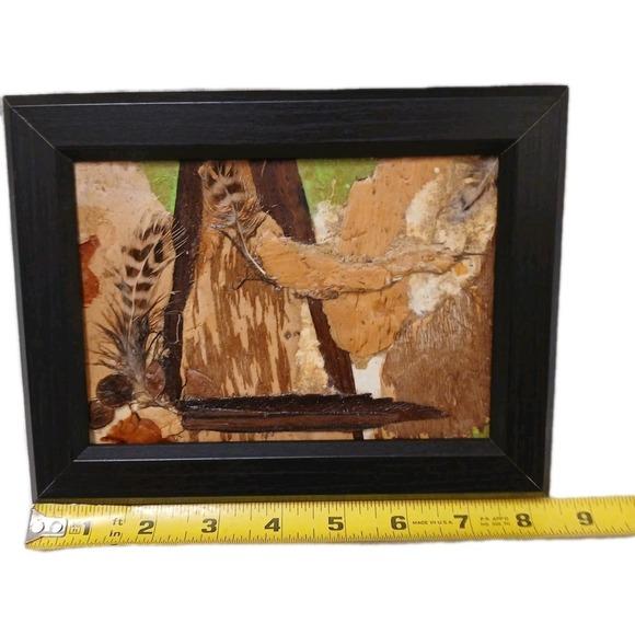 Nature Collage Mini Art Painting Bark Wood Australia Paper Feathers Black Frame For Sale - Image 9 of 11