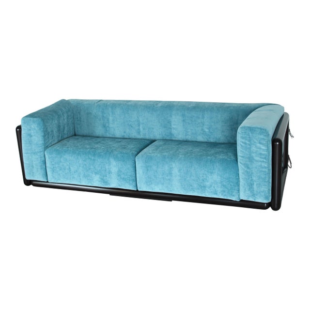 Iroko Cornaro Sofa in Wood and Azure Velvet by Carlo Scarpa for Studio Simon, 1974 For Sale - Image 13 of 18