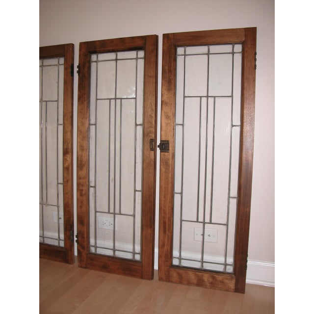 Antique Arts + Crafts Mission 1913 Leaded Glass Fireplace Cabinet Ash Wood Doors - Set of 4 For Sale - Image 4 of 14