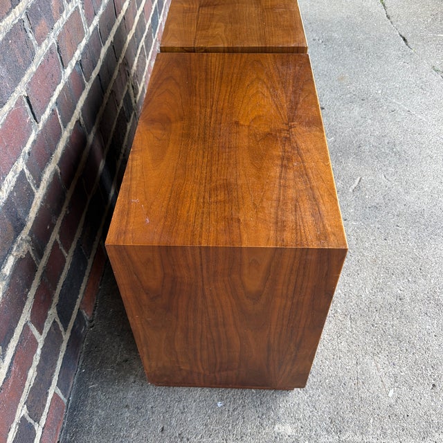 American of Martinsville Pair of American of Martinsville Wonderwood Walnut & Cane Nightstands For Sale - Image 4 of 12