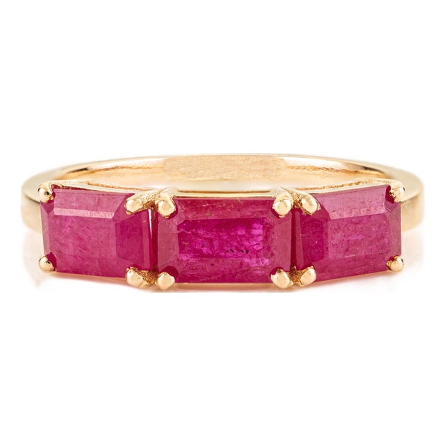 2.14 Carat Natural Ruby Three-Stone Band Ring for Her in 14k Solid Gold Size 6.5 For Sale