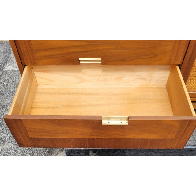 American of Martinsville 1964 Merton Gershun for American of Martinsville Lowboy Walnut 6-Drawer Dresser With Mirror and Cane Doors For Sale - Image 4 of 9