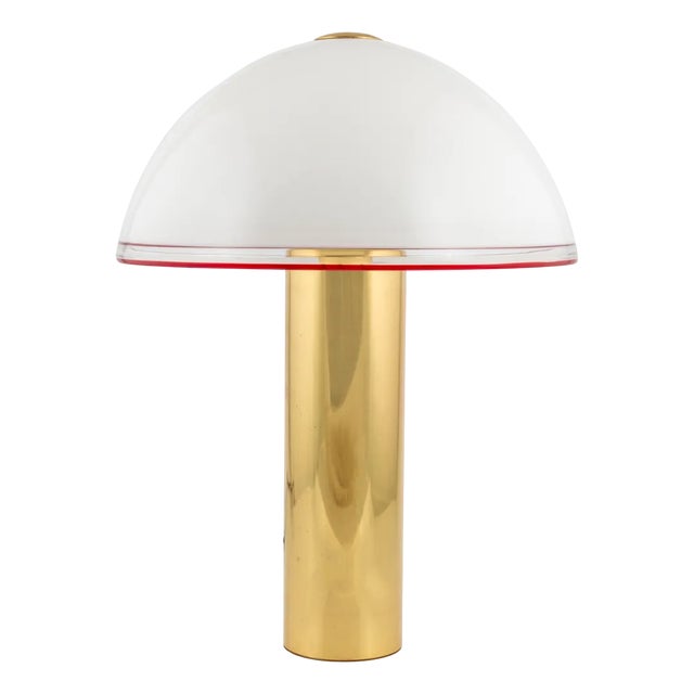 Brass and Opaline Murano Glass Table Lamp with Red Trim, Italy, 1970s-1980s For Sale