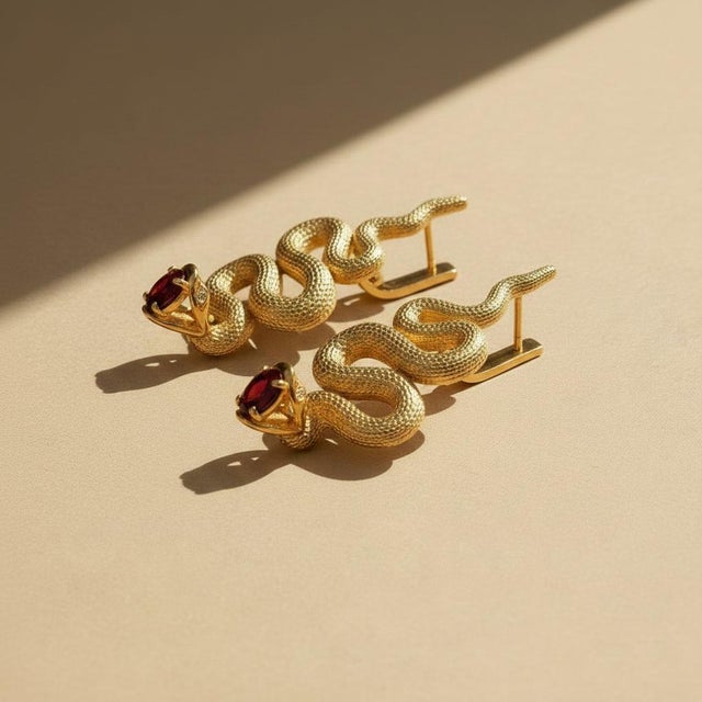 Massive Snake Earrings With Garnets in Opened Mouth, Pair For Sale - Image 4 of 7