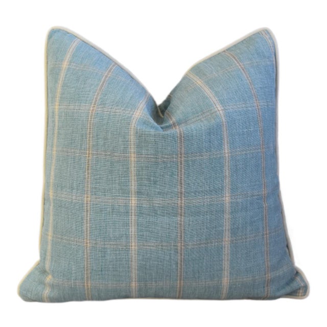 Stunning Blue, Gray & Cream Woven Plaid Feather/Down Pillow For Sale - Image 4 of 5