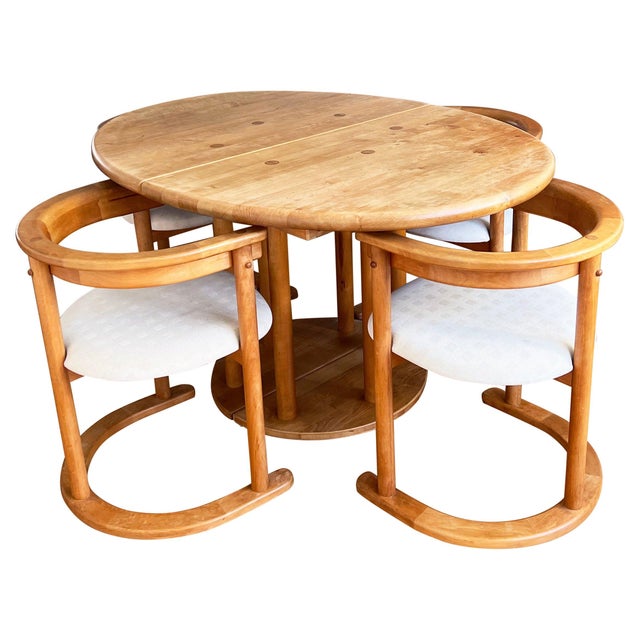 Wood 1970s Round Post Modern Brutalist MCM Beech Dining Table + 6 Chairs, 9 Pcs Set For Sale - Image 7 of 16