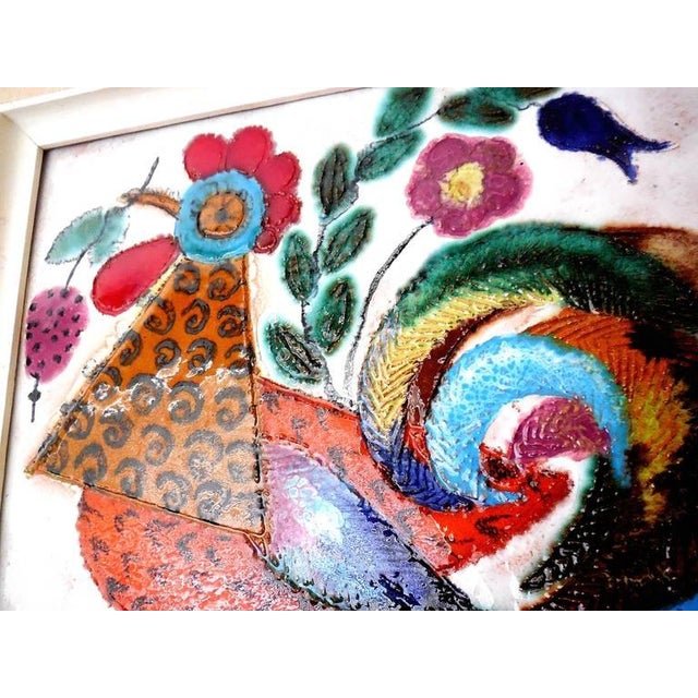 Irene Awret, Girl & Rooster Enamel Glazed Ceramic Plaque Israeli Artist Awret Naive Folk Art For Sale - Image 4 of 7