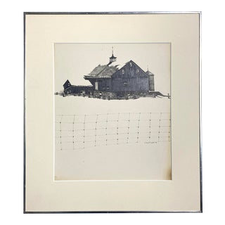 1973 Farmhouse Landscape Pencil Drawing by N. Blanchard, Framed For Sale