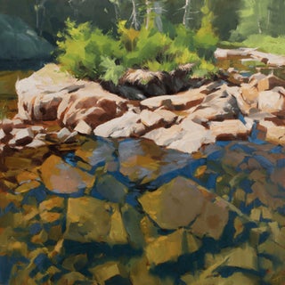 Stand Still by Judd Mercer | Oil on panel Painting of rocks and water with greenery in the background For Sale
