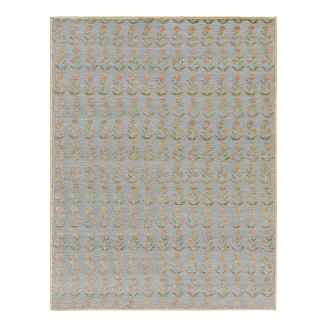 Rug & Kilim’s Block Print Rug Design with Brown and Green Floral Patterns - 4x6 For Sale