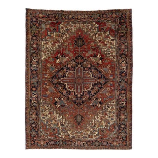 9 X 12 Antique Persian Heriz Red Wool Rug With Medallion Design For Sale