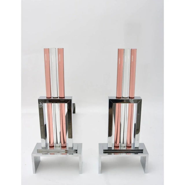 Andirons French Art Deco Chrome & Glass For Sale - Image 9 of 12
