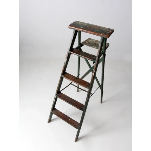 Farmhouse Vintage Green Painted Ladder For Sale - Image 3 of 13