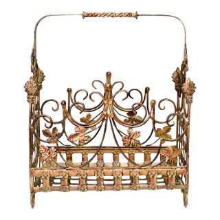 Rare Italian Wrought Iron Copper Gold Toned Magazine Stand With Rosettes and Leaves For Sale
